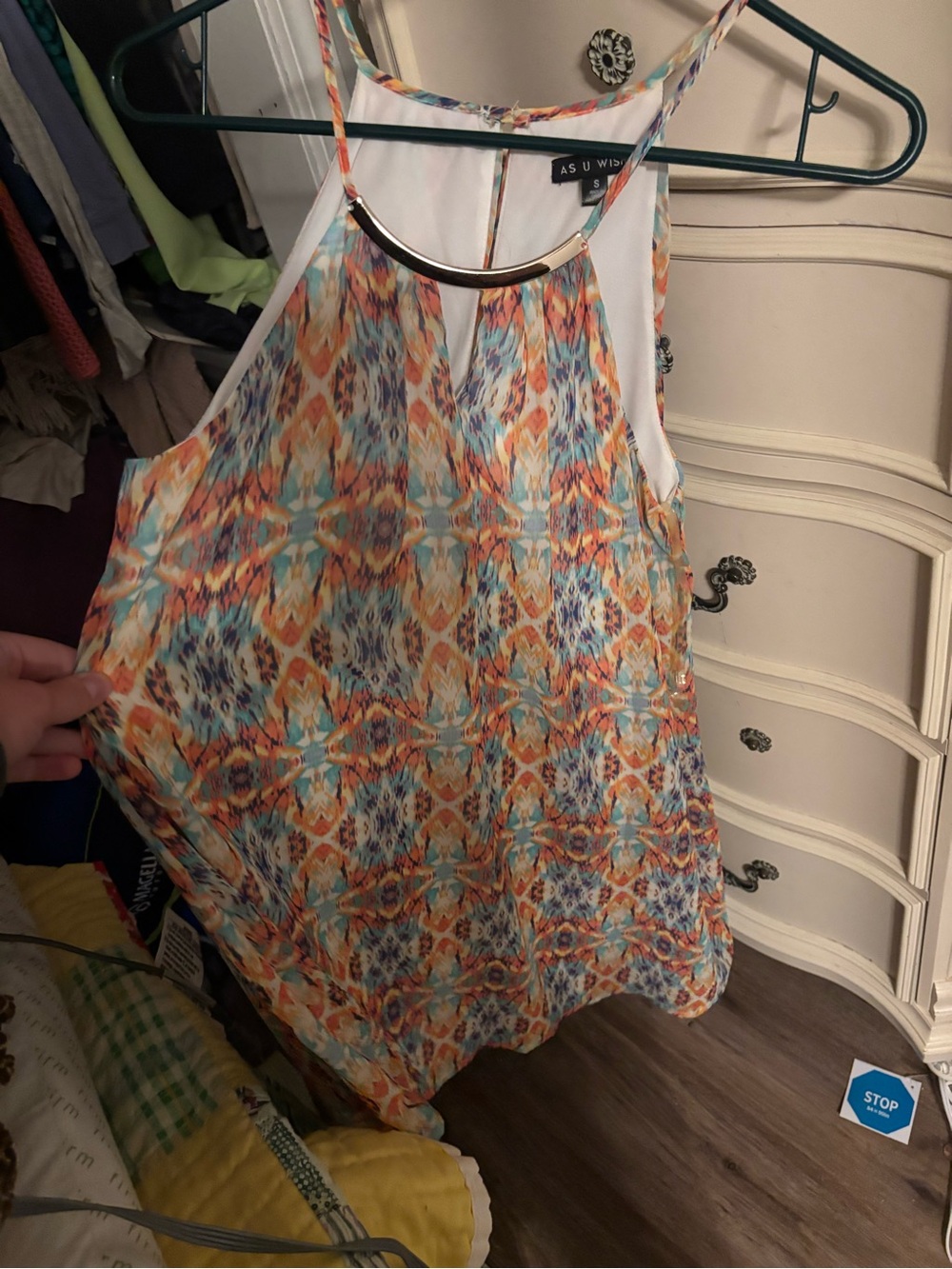 As U Wish Multicolor Printed Halter Dress - Orange, Blue, White